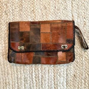 Vintage Patchwork Leather Clutch Wristlet- Brown